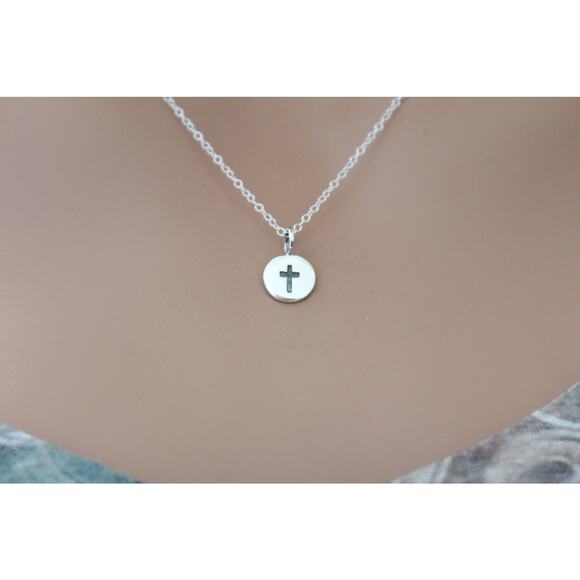 Sterling Silver Cross Charm on a Disk Necklace - Picture 1 of 3